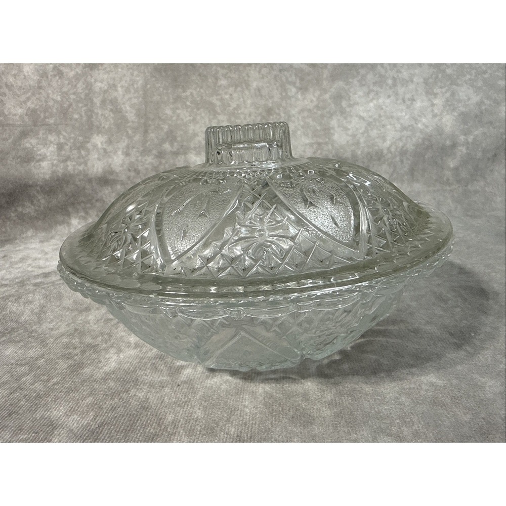 KIG Indonesia  Pressed glass candy dish with lid heart and rose pattern Vintage